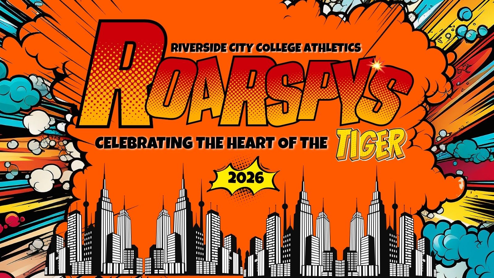 Superhero style banner with buildings and says "Roarspys celebrating the hear of the Tiger 2026"