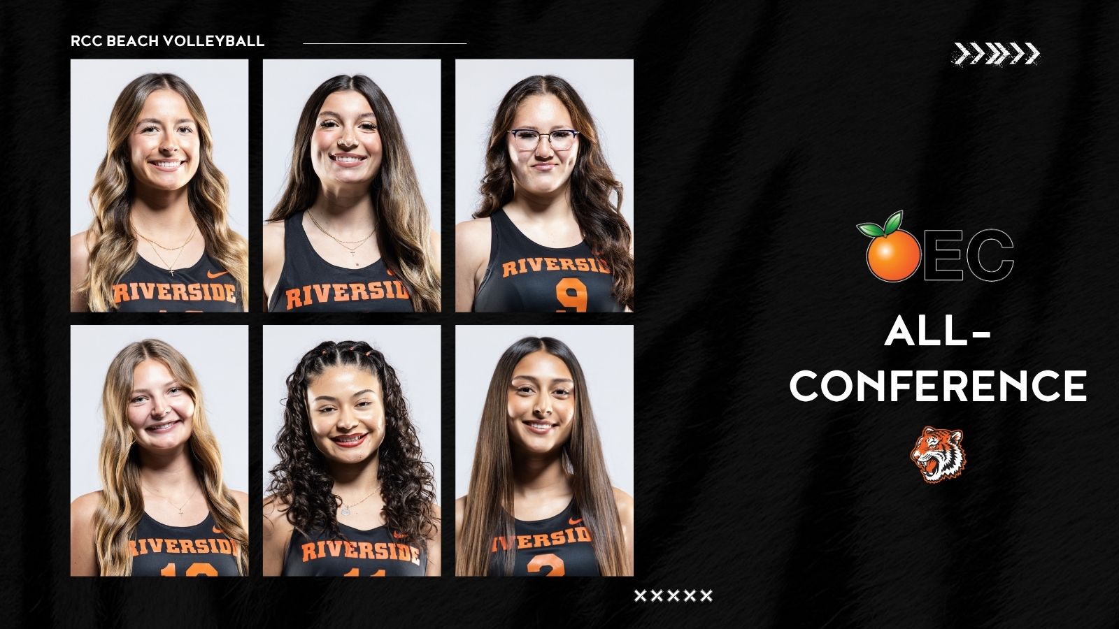 Photo with beach volleyball players smiling. Text says OEC All-Conference