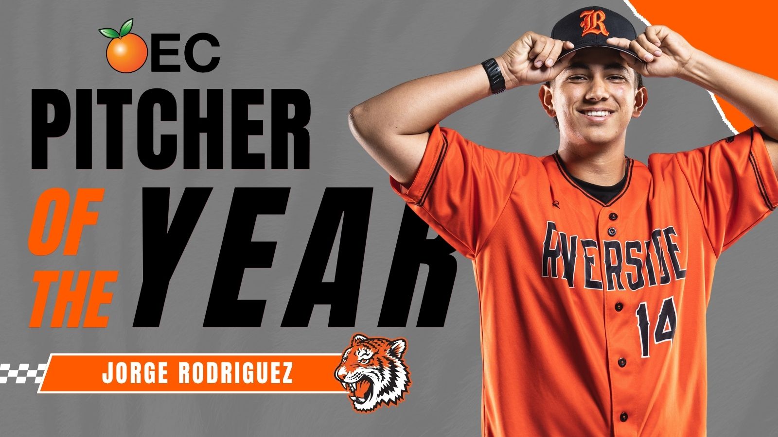 Graphic that says OEC Pitcher of the Year Jorge Rodriguez with a picture of a baseball player holding his hat and smiling