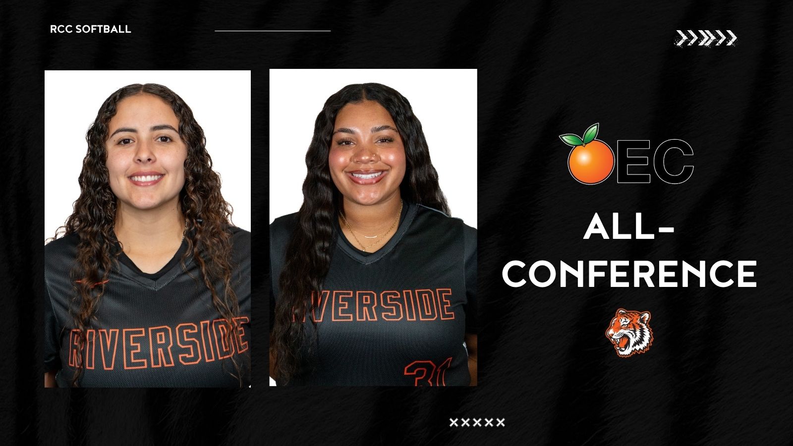 Image with two softball players smiling. Text says 