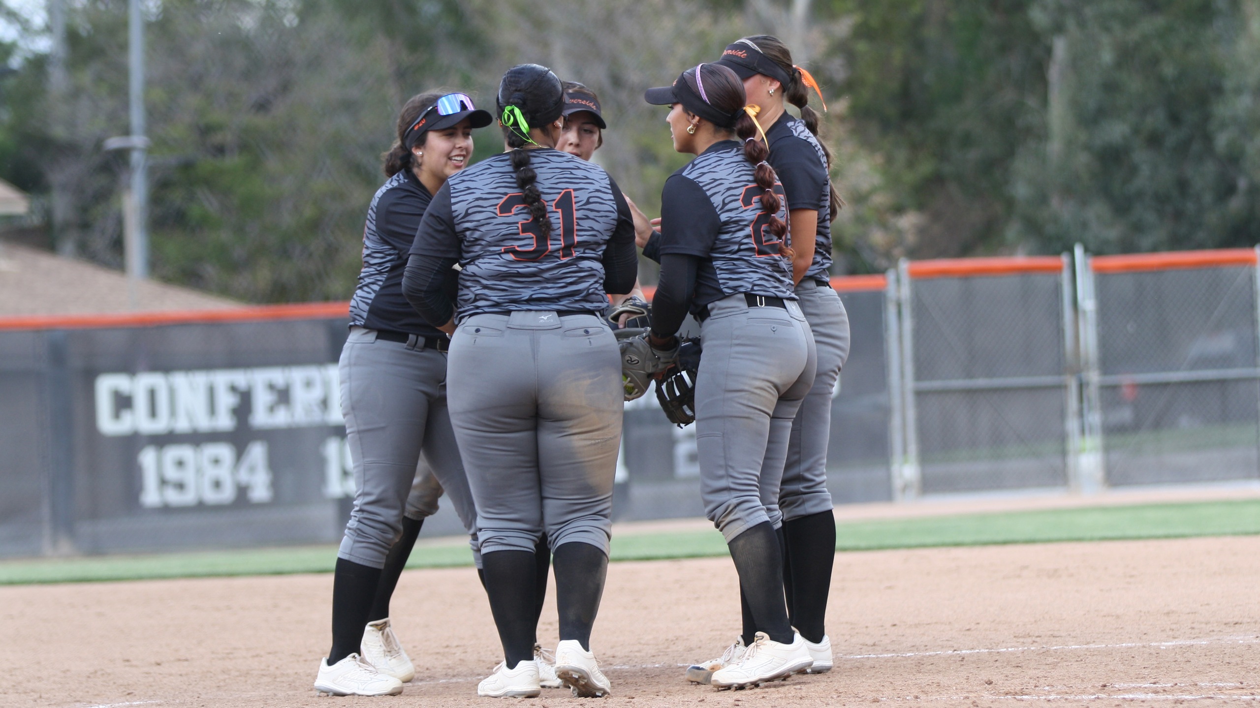 Softball players in grey uniforms huddle together.