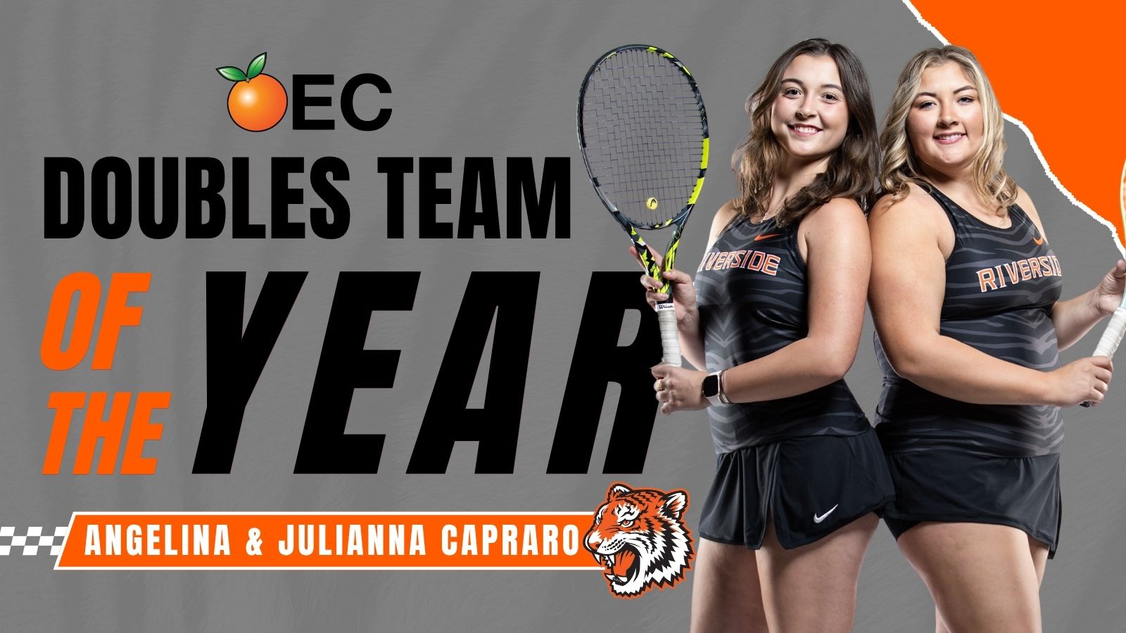Two female tennis players in Riverside uniforms holding a racket, smiling confidently. Text reads 