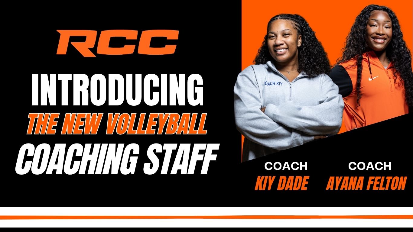 Graphic introducing new coaches for RCC volleyball. Picture of two women smiling. Text reads RCC Introducing The New Volleyball Coaching Staff Coach Kiy Dade Coach Ayana Felton